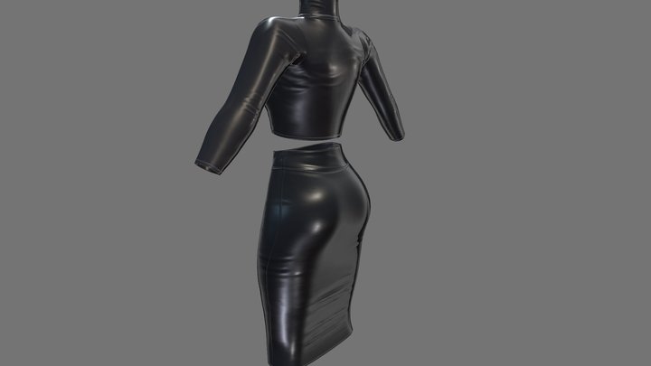 Black Leather Crop Top Pencil Skirt Outfit 3D Model