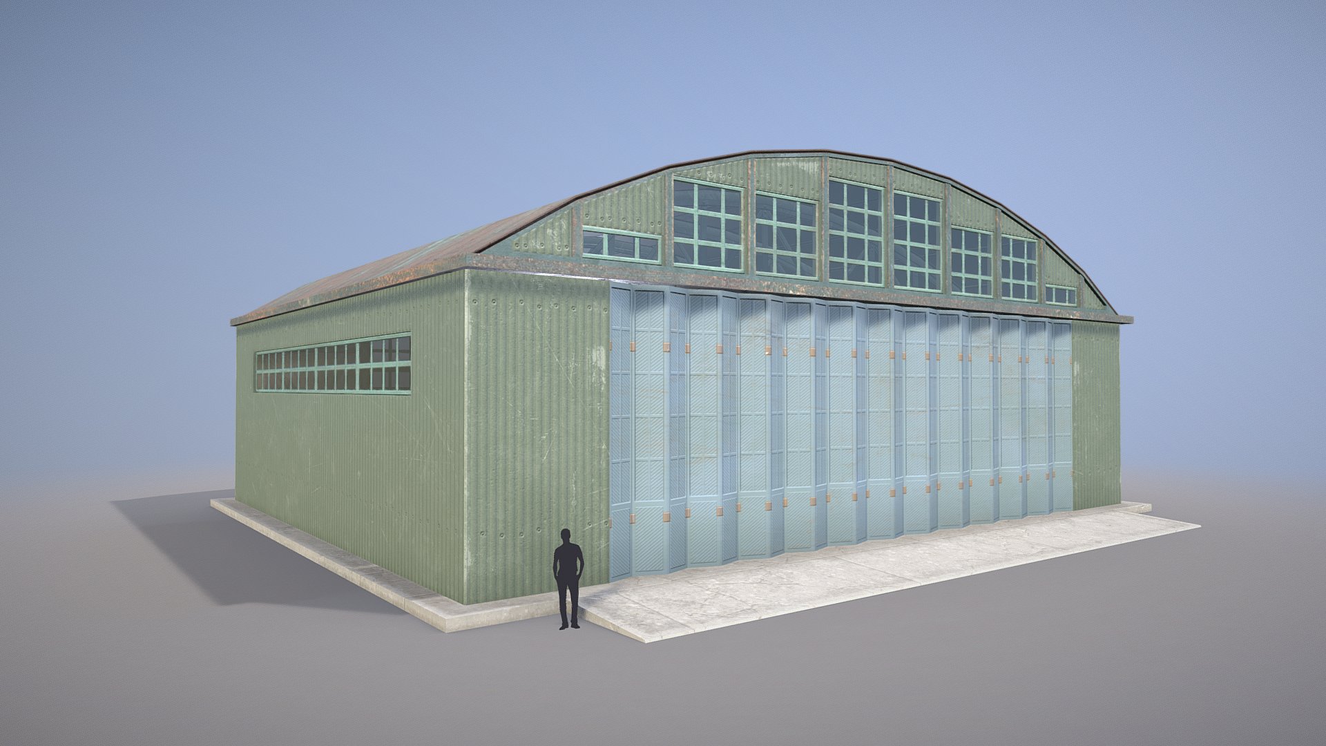 3D model Airport Hangar SmallHangar 01 closed - This is a 3D model of the Airport Hangar SmallHangar 01 closed. The 3D model is about a person standing in front of a building.