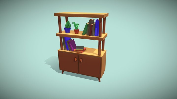 Low poly bookshelf with books and houseplants 3D Model