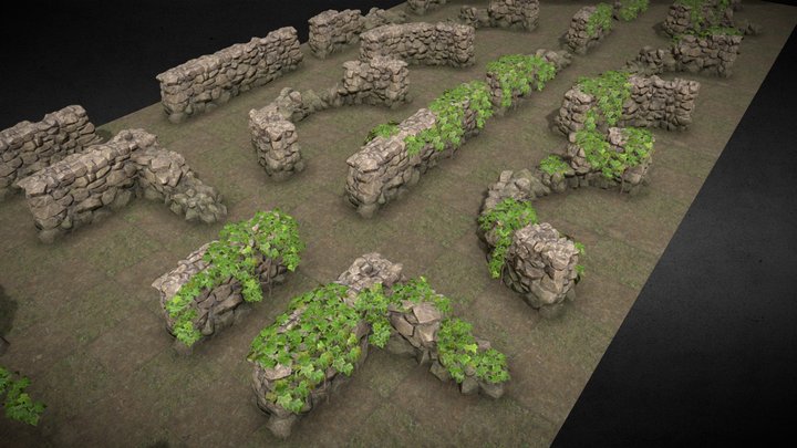 Stylized modular stone wall kit 3D Model