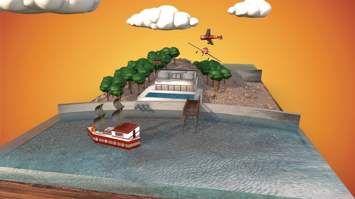 Lake side House with planes 3D Model
