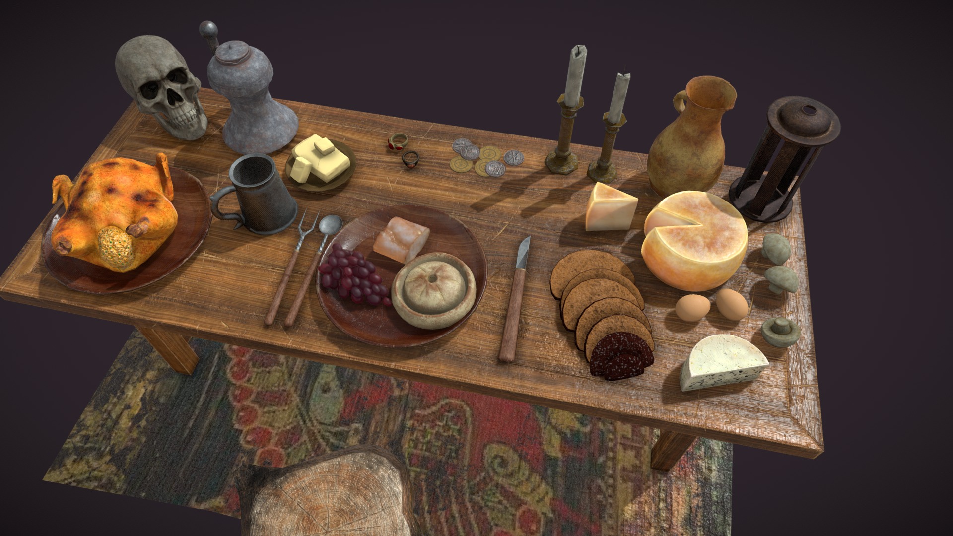 3D model Medieval Tavern Dinner Scene - This is a 3D model of the Medieval Tavern Dinner Scene. The 3D model is about a table with food and objects on it.