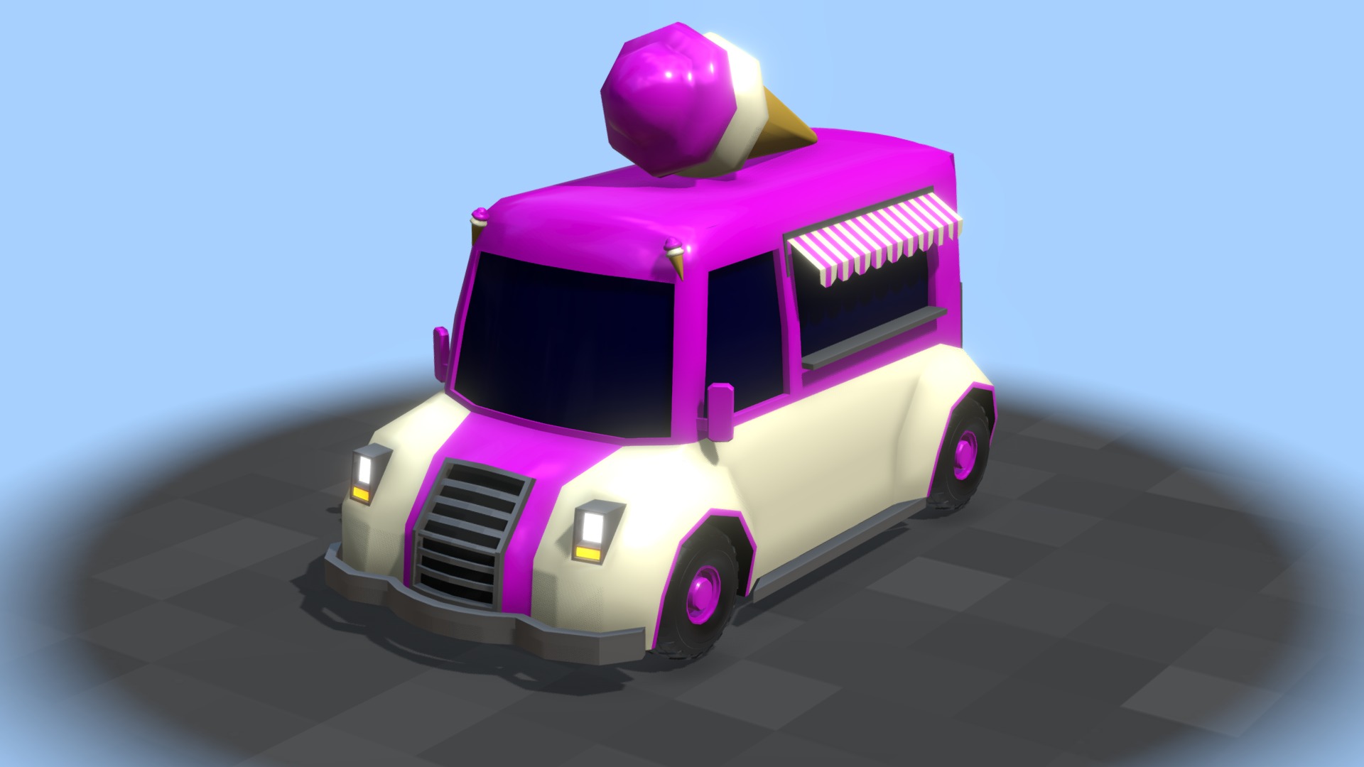 3D model Low Poly Ice-Cream Van - This is a 3D model of the Low Poly Ice-Cream Van. The 3D model is about a toy car with a pink ball on top.