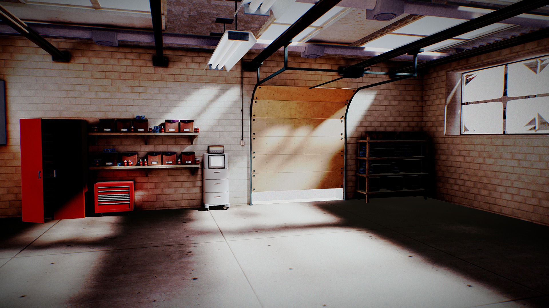 3D model Inside Garage (baked lights) - This is a 3D model of the Inside Garage (baked lights). The 3D model is about a room with a wood floor and shelves.