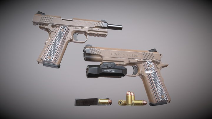 Colt M45A1+Inforce WILD2 Pistol Mounted Light 3D Model