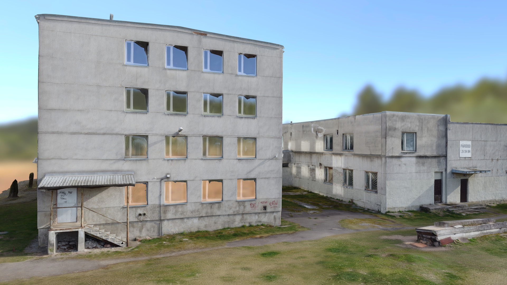 3D model Abandoned 4-story Soviet School - This is a 3D model of the Abandoned 4-story Soviet School. The 3D model is about a building with smoke coming out of it.
