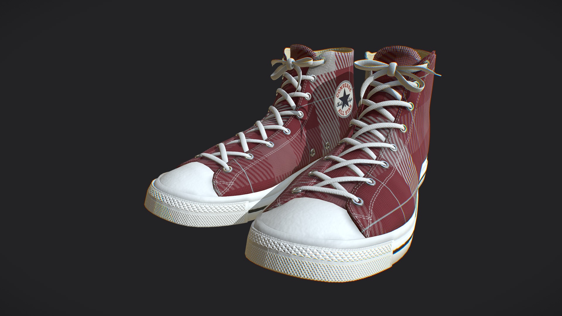 3D model Classic High Top Converse All Stars – 17 Colors - This is a 3D model of the Classic High Top Converse All Stars - 17 Colors. The 3D model is about a pair of white and red shoes.