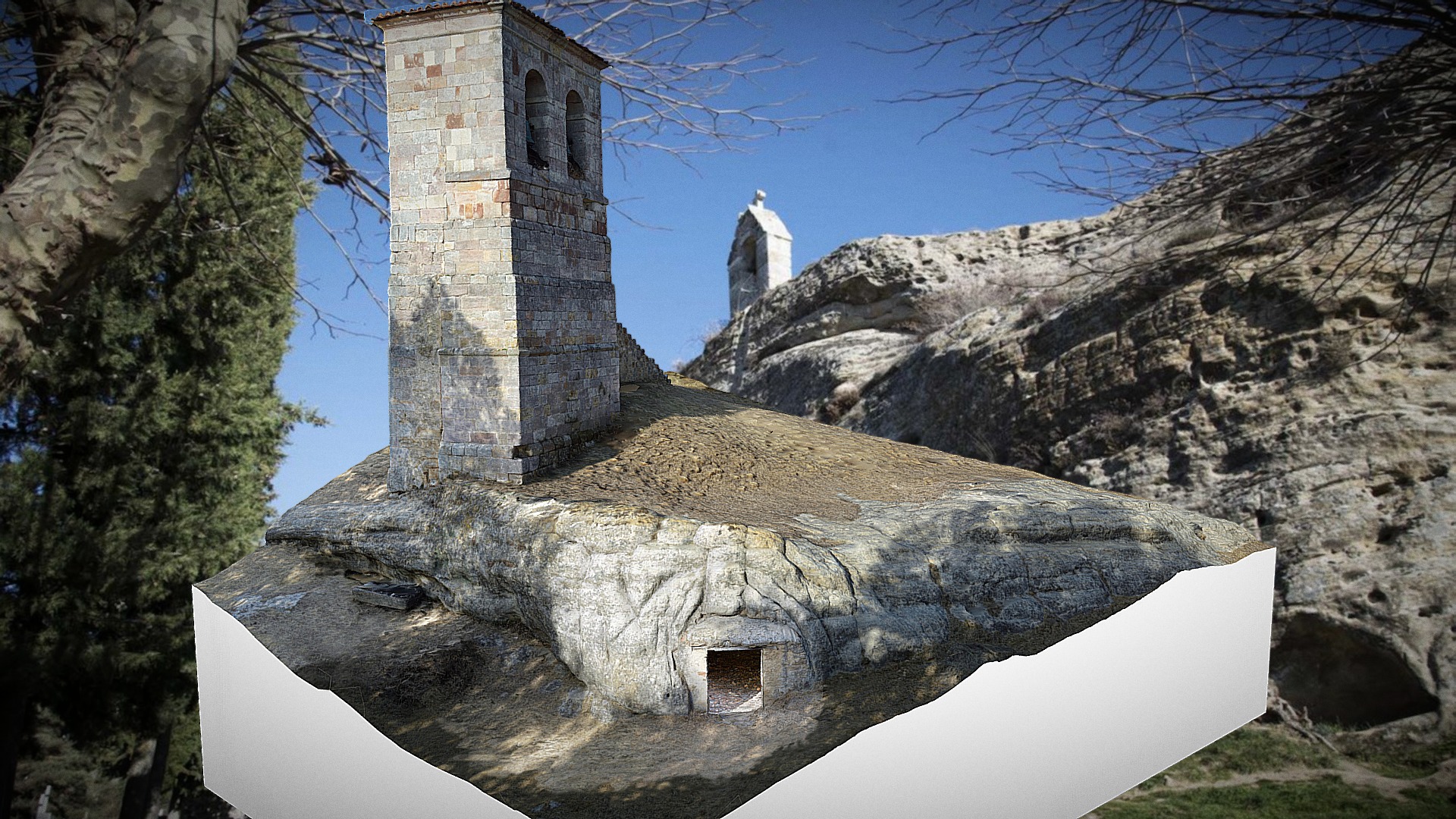 3D model Olleros – Torre campanario / Cueva – HighPoly - This is a 3D model of the Olleros - Torre campanario / Cueva - HighPoly. The 3D model is about a stone building on a hill.