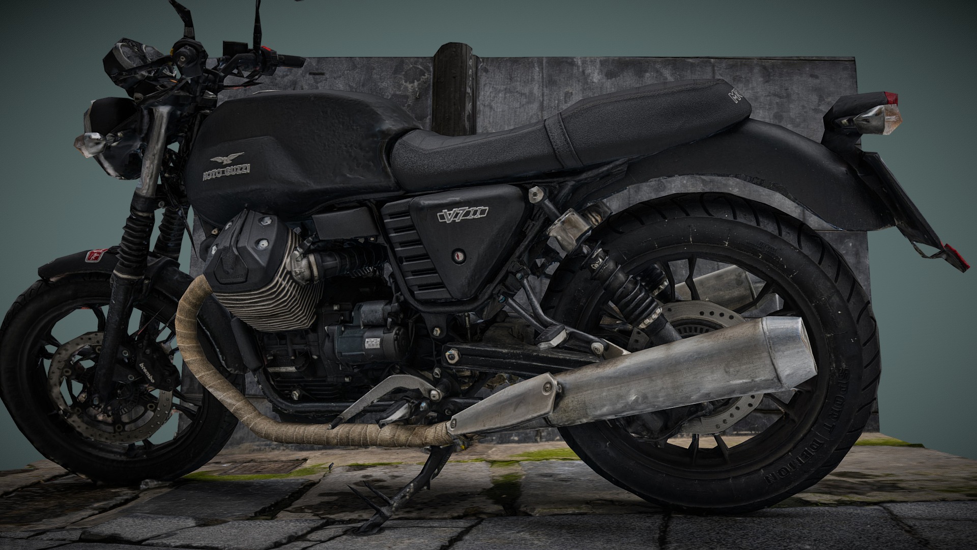 3D model 20K – Moto Guzzi v7 photogrammetry scan remake - This is a 3D model of the 20K - Moto Guzzi v7 photogrammetry scan remake. The 3D model is about a black motorcycle with a black seat.