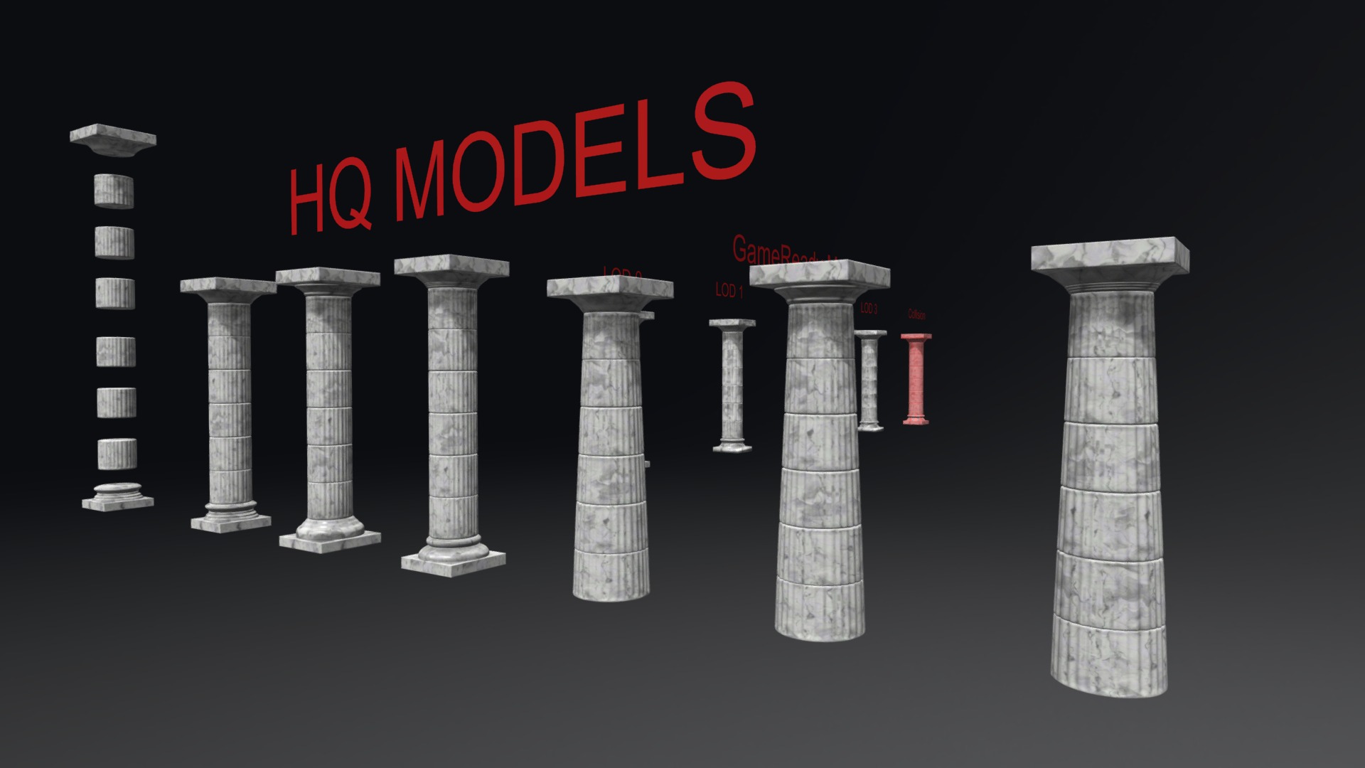 3D model GameReady Doric Column Pack (Unity Pkg Included) - This is a 3D model of the GameReady Doric Column Pack (Unity Pkg Included). The 3D model is about a row of pillars.