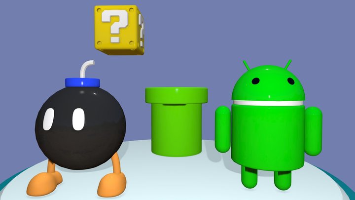 Mario Bros Pipe, Box Item, Bob-Omb and Android. 3D Model