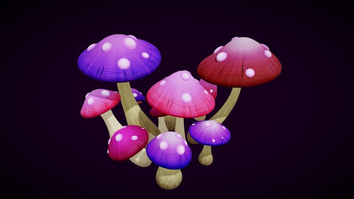 Cute Pink Stylized Mushroom Set 3D Model