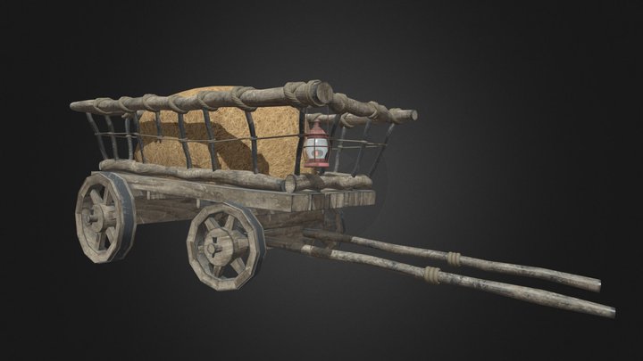 Stylized medieval cart with a lamp and hay 3D Model