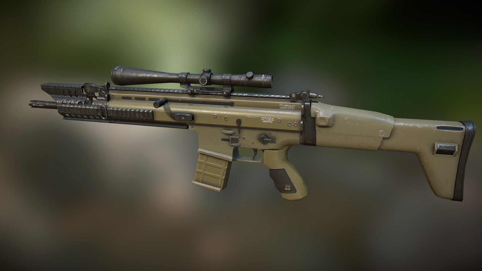 3D model FN SCAR + rifle scope - This is a 3D model of the FN SCAR + rifle scope. The 3D model is about a rifle on a table.