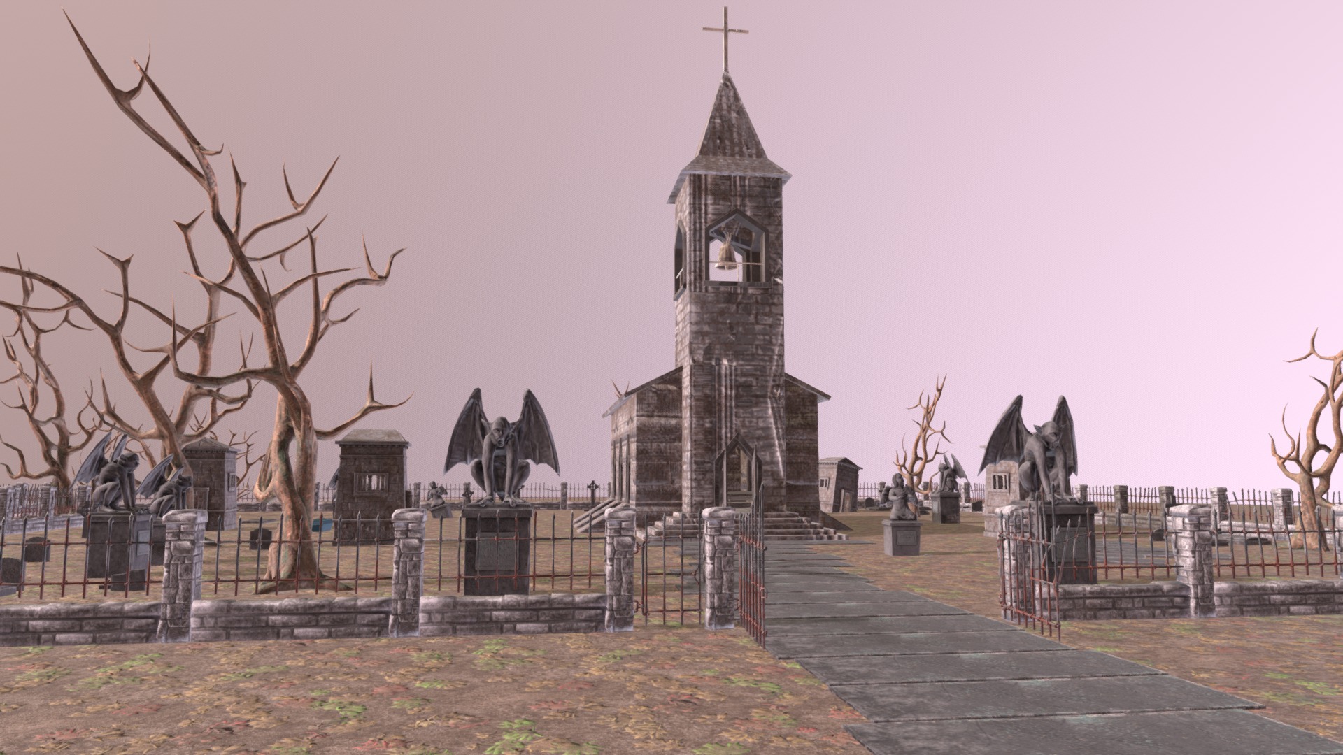 3D model Medivel Cemetery – Full Pack - This is a 3D model of the Medivel Cemetery - Full Pack. The 3D model is about a church with a cross on top.