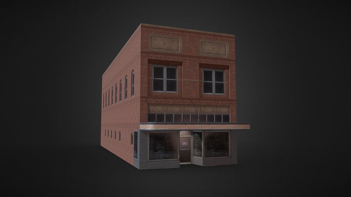Low-poly Old American brick building with shop. 3D Model