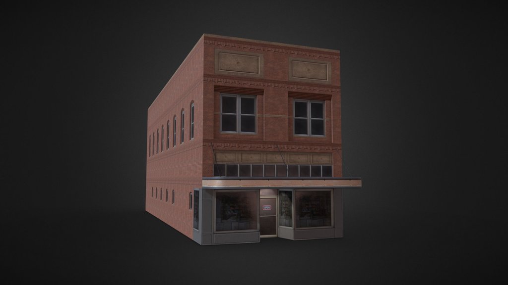 Low-poly Old American brick building with shop.