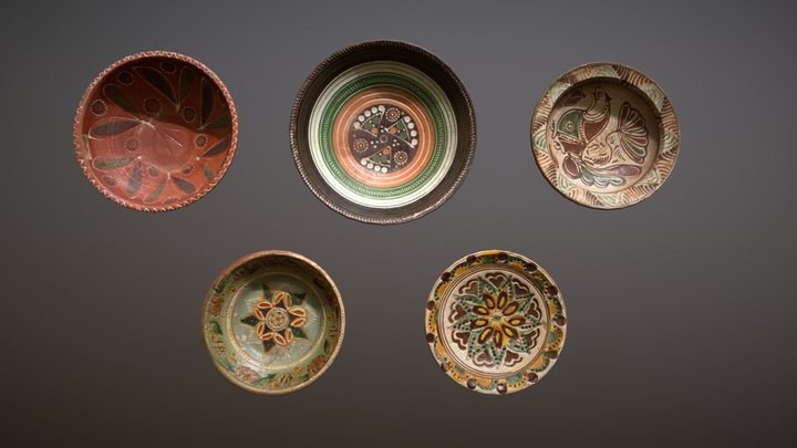Old Ornamental Clay Plates and Bowls 3D Model