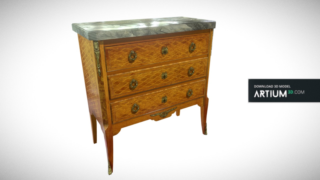 3D model Neoclassical commode – Around 1840 - This is a 3D model of the Neoclassical commode - Around 1840. The 3D model is about a wooden chest with a sign.