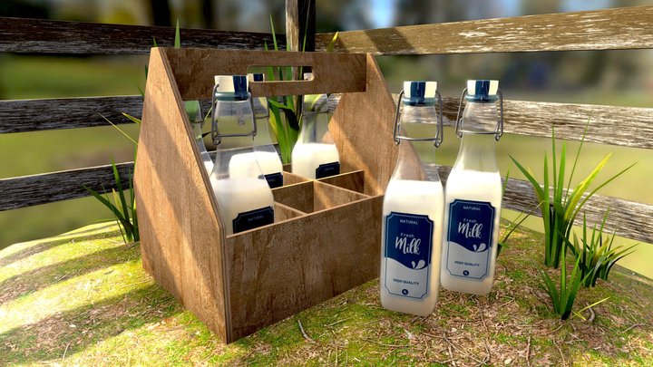 Milk bottles on farm with bottle carrier 3D Model