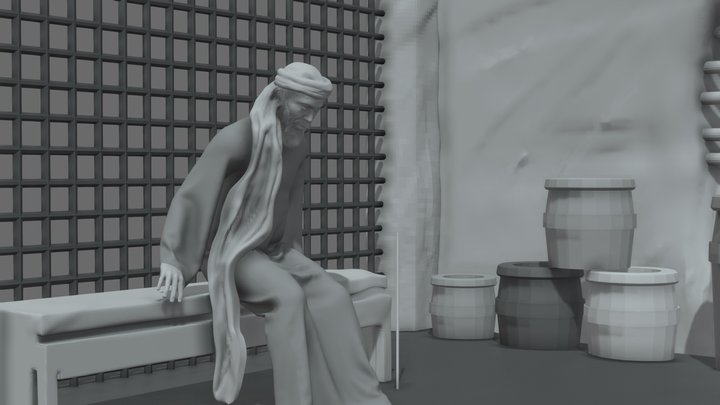 An old Arab prisoner in a simple dungeon 3D Model
