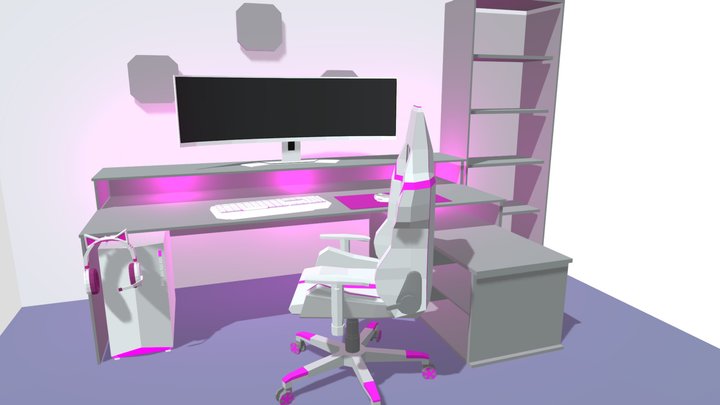 Lowpoly Gamingsetup in Pink 3D Model