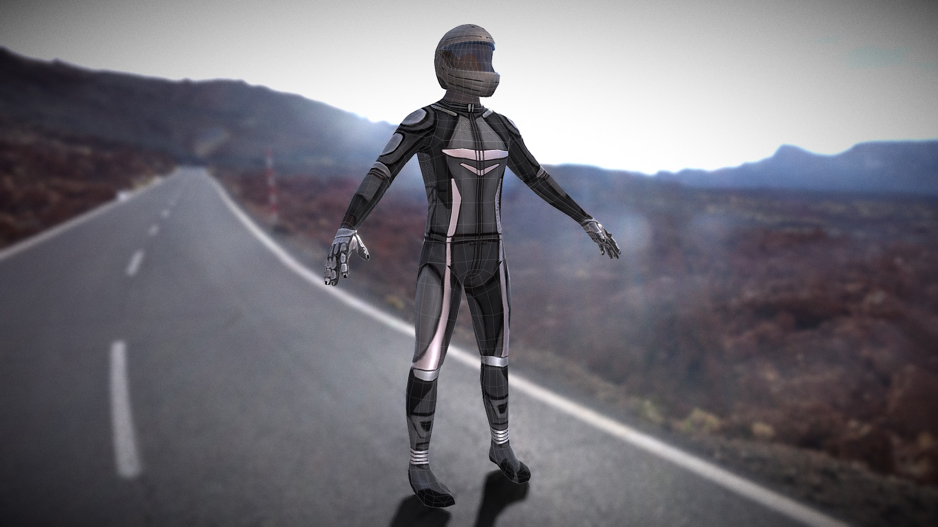 3D model Low-Poly Motorcyclist - This is a 3D model of the Low-Poly Motorcyclist. The 3D model is about a man in a garment walking on a road.
