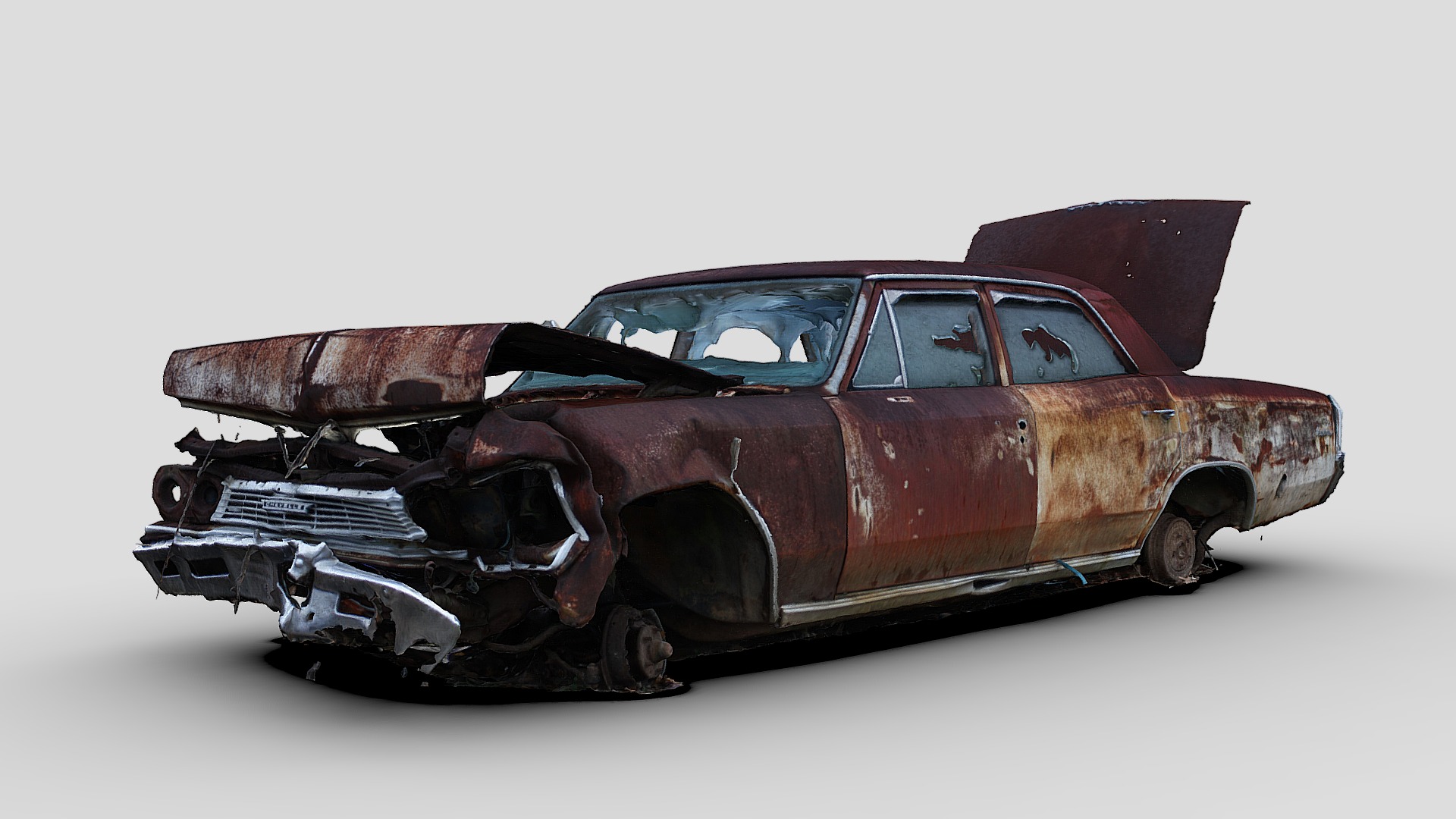 3D model Derelict Wrecked Sedan (Raw Scan) - This is a 3D model of the Derelict Wrecked Sedan (Raw Scan). The 3D model is about a toy car with a door.