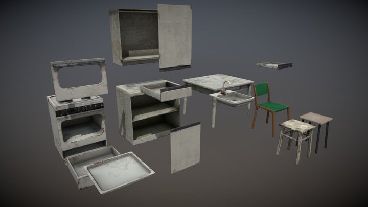 Rusty Abandoned Modular Kitchen Game Ready (UE5) 3D Model