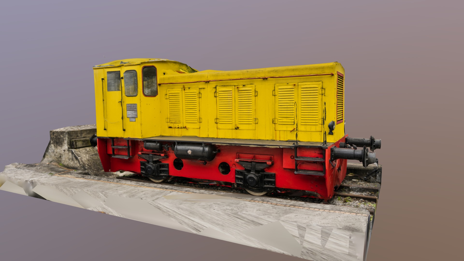 3D model Train locomotive Schoema photogrammetry scan - This is a 3D model of the Train locomotive Schoema photogrammetry scan. The 3D model is about a yellow train on a track.