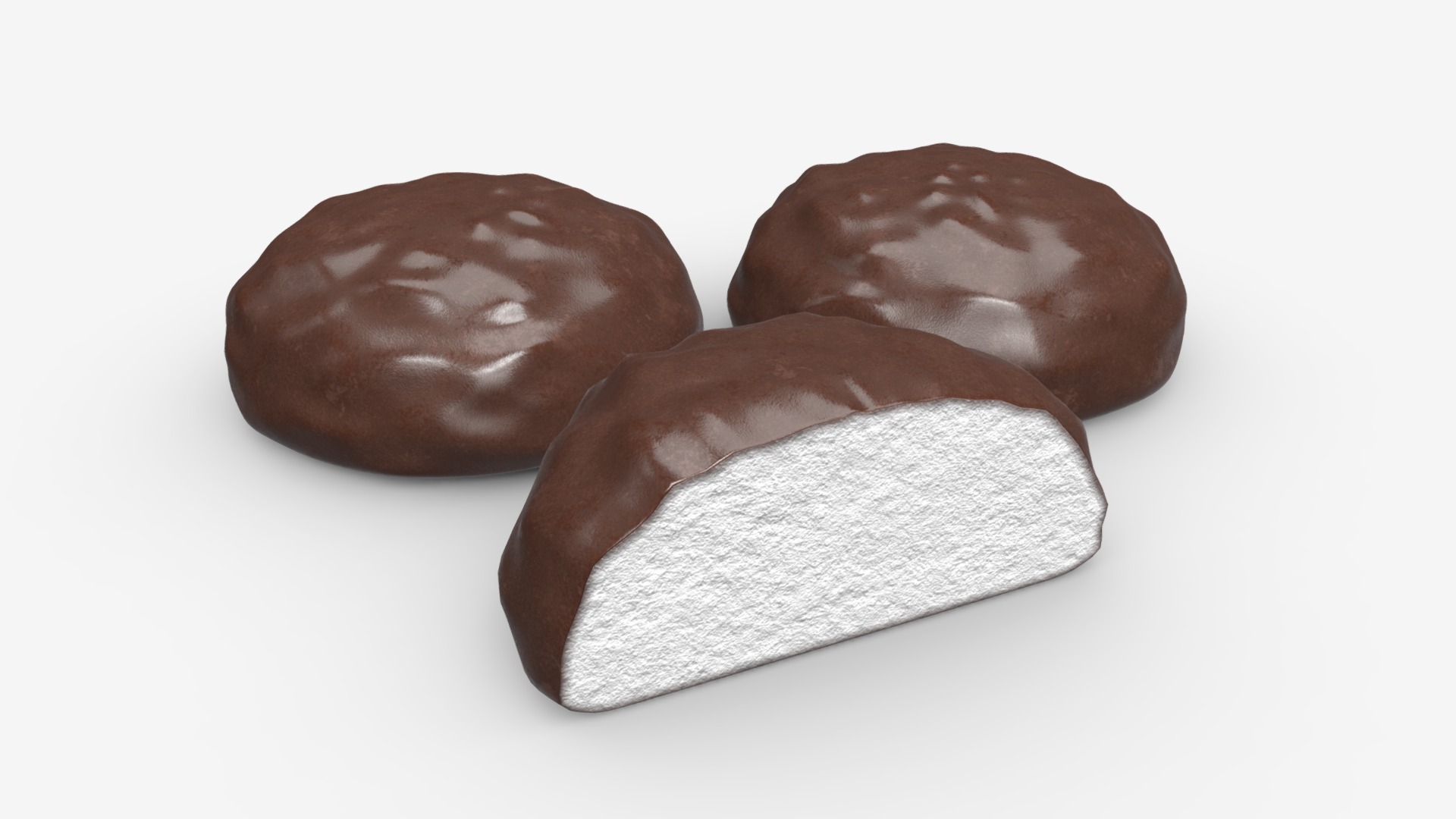 3D model Marshmallows covered with chocolate - This is a 3D model of the Marshmallows covered with chocolate. The 3D model is about a couple of chocolate candies.