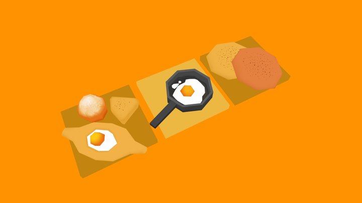 Low-poly scrambled eggs, khachapuri, bun&pita 3D Model