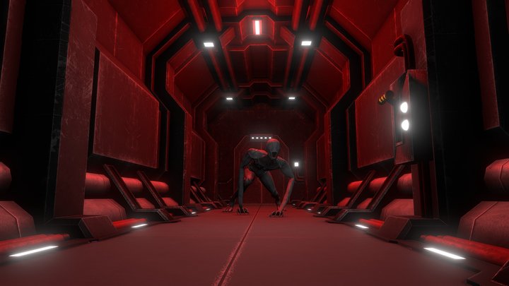 Alien Creature in Modular Horror Sci-Fi Corridor 3D Model