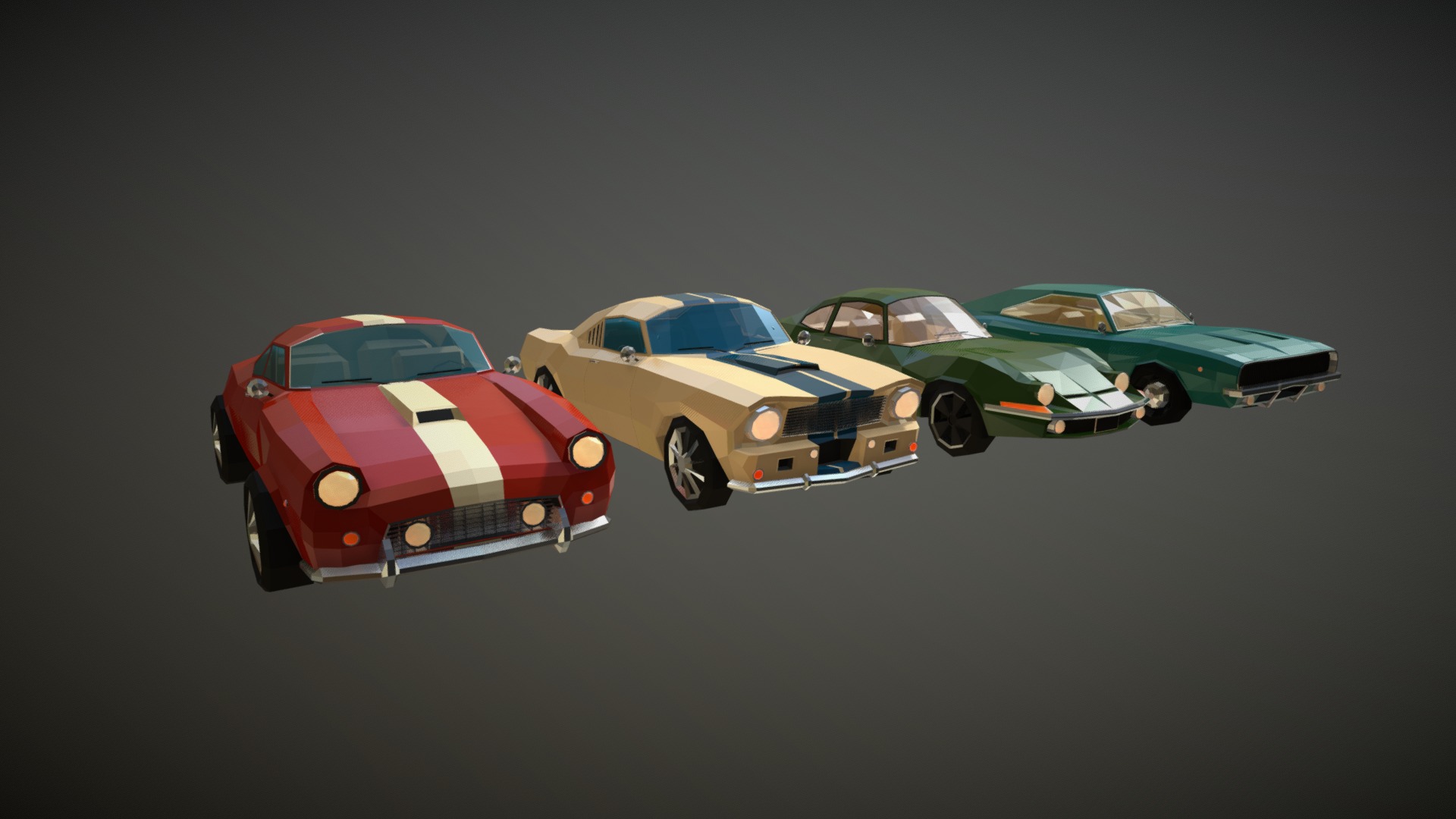 3D model Low Poly Muscle Car Pack - This is a 3D model of the Low Poly Muscle Car Pack. The 3D model is about a group of cars.