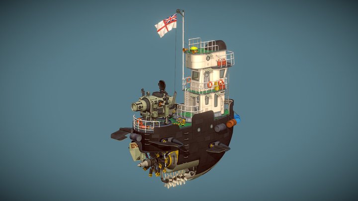 Low Poly Dieselpunk Airboat/Gunship 3D Model