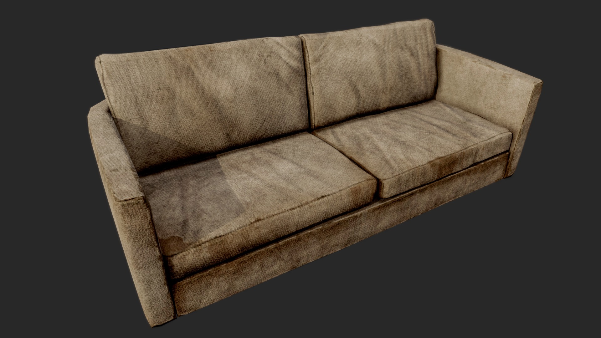 3D model Old Dirty Couch 02 Old Cotton – PBR - This is a 3D model of the Old Dirty Couch 02 Old Cotton - PBR. The 3D model is about a brown rectangle with a black background.
