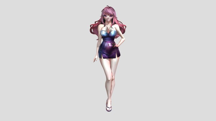 Anime-style woman in purple dress 3D Model