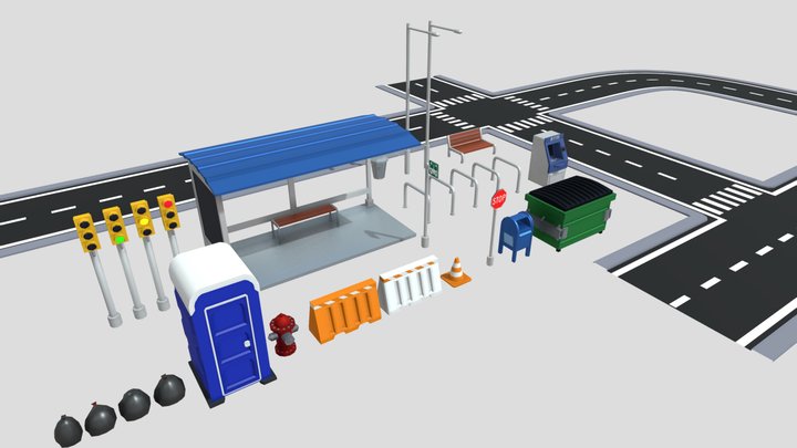 Low Poly City Street Essentials Pack 3D Model