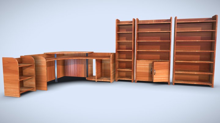 Ultra low poly wooden bookcases & computer table 3D Model
