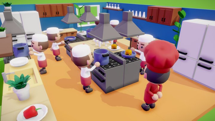 Low Poly chefs in a kitchen 3D Model