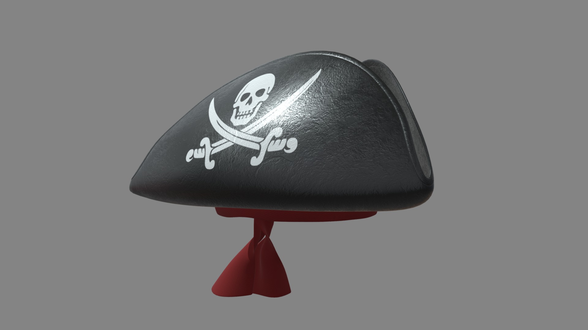 3D model Pirate tricorn hat with skulls and a red bandana - This is a 3D model of the Pirate tricorn hat with skulls and a red bandana. The 3D model is about a black and white image of a cartoon character on a black circle.