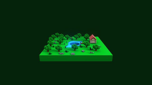 Maison au bord d'un lac d'eau et de lave 3D Model
