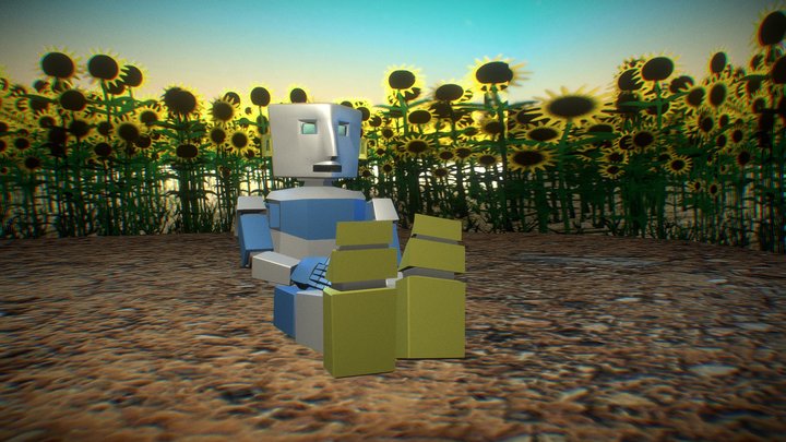A Robot sitting in a sunflower field. 3D Model