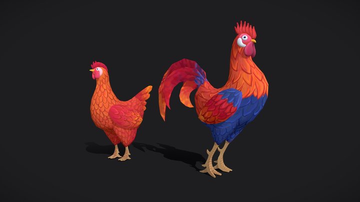 Handpainted rooster and hen 3D Model