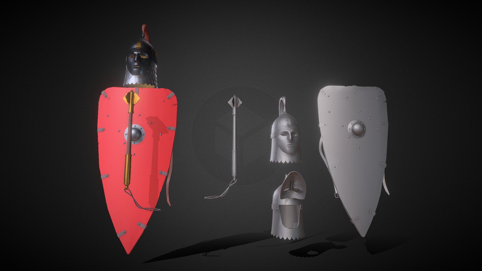 Medieval mace, shield and helmet. Draft.