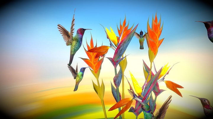 Hummingbirds + Tropical Flowers 3D Model