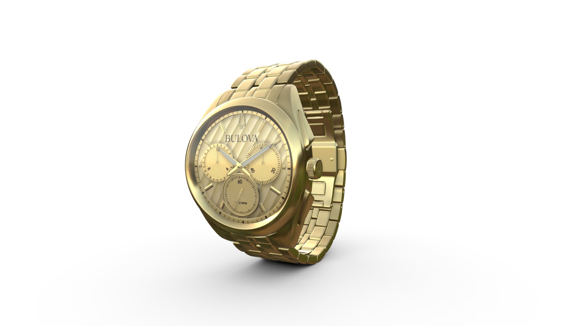 3D model Watch – Bulova 97A125 Gold-Tone Steel - This is a 3D model of the Watch - Bulova 97A125 Gold-Tone Steel. The 3D model is about a gold watch with a silver face.