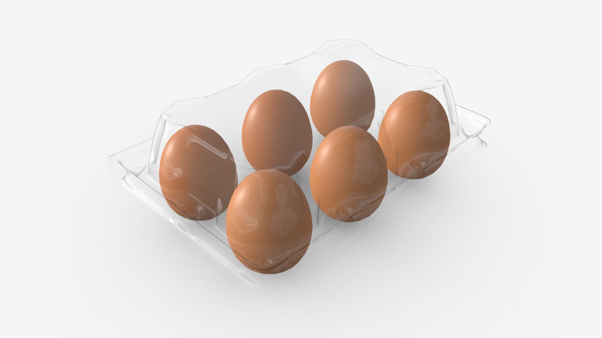 3D model Eggs in plastic package 6 eggs - This is a 3D model of the Eggs in plastic package 6 eggs. The 3D model is about a group of brown eggs.