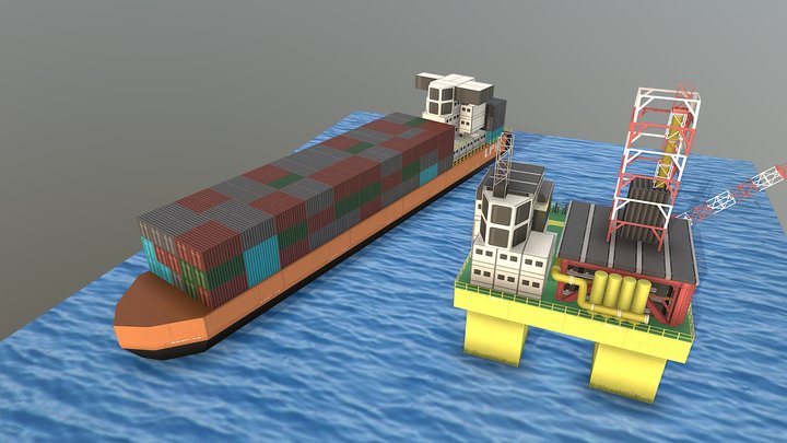 Oil Rig and Ship 3D Model