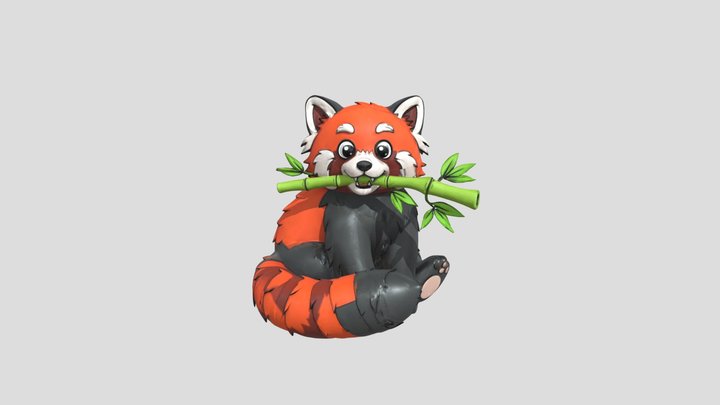 Red Panda, cartoon, bamboo on it mouth 3D Model